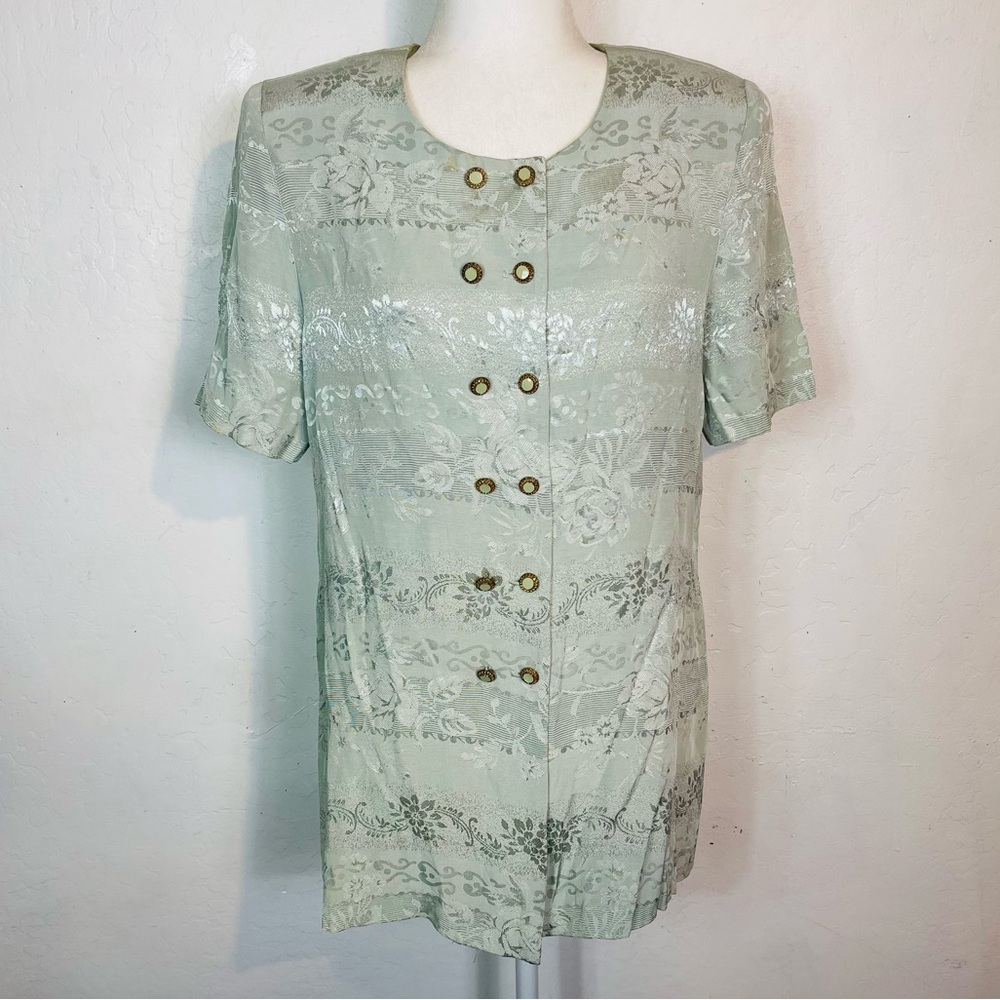 Vintage 80s 90s Perceptions Size 10 Button Down Blouse Mint Green Short Sleeve